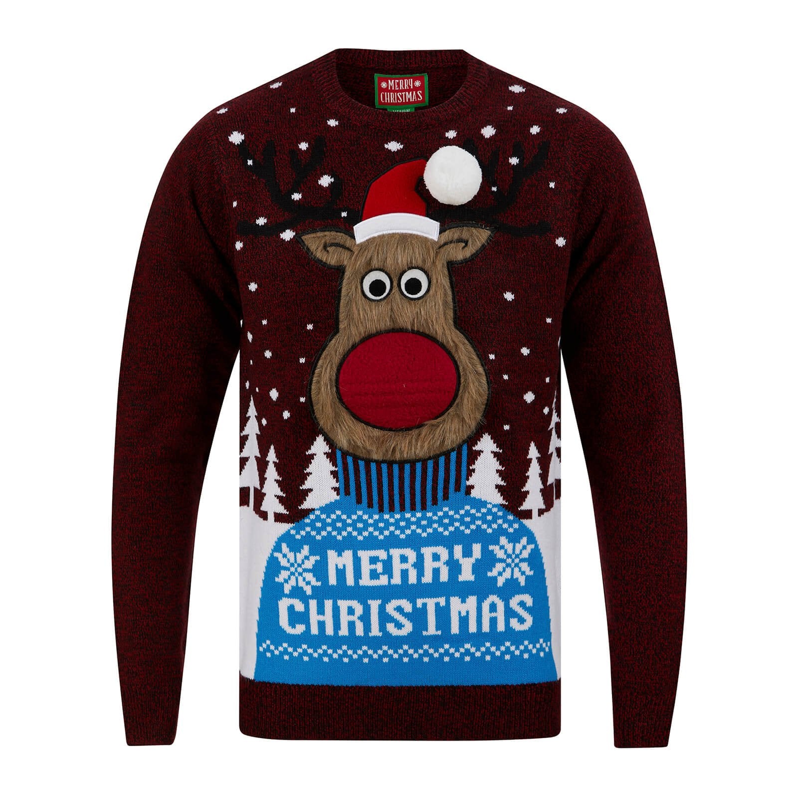 Mr Crimbo Mens Merry Reindeer Fluffy Rudolph Christmas Jumper - MrCrimbo.co.uk -SRG1A17540_A - Red & Black -Black